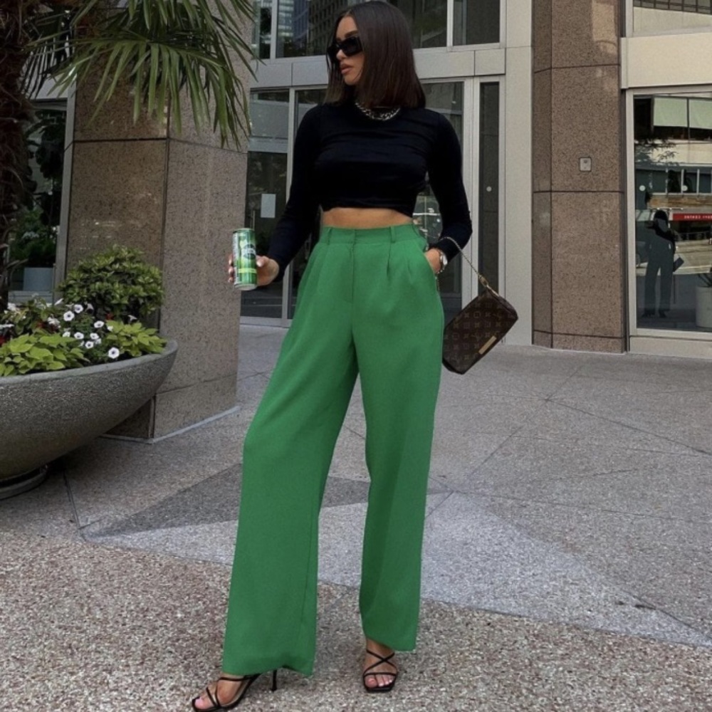 Revolve SNDYS Hills Tailored Green Wide Leg High Waist Pleat Trouser Pant Sz 4 - Picture 4 of 15
